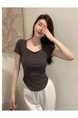 Real Shot Hot Girl Pleated Slim-Fit Dark Gray Heart Collar Short Sleeve T-shirt Women's Summer Pure Desire Shoulder Solid Color Collarbone Sweet and Spicy Top