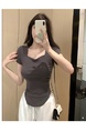 Real Shot Hot Girl Pleated Slim-Fit Dark Gray Heart Collar Short Sleeve T-shirt Women's Summer Pure Desire Shoulder Solid Color Collarbone Sweet and Spicy Top