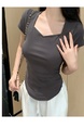 Real Shot Hot Girl Pleated Slim-Fit Dark Gray Heart Collar Short Sleeve T-shirt Women's Summer Pure Desire Shoulder Solid Color Collarbone Sweet and Spicy Top