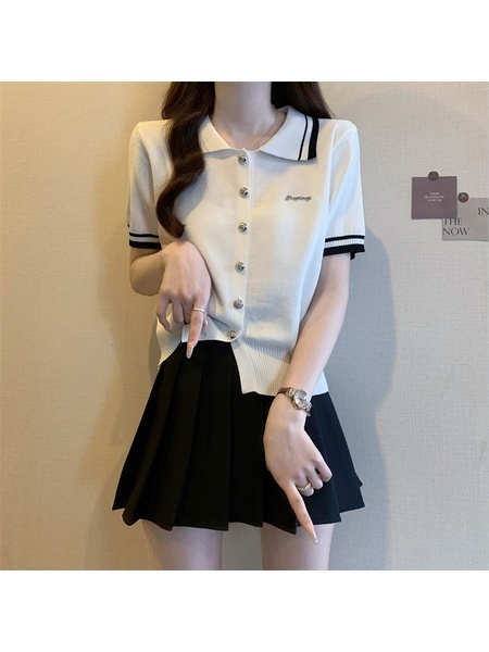 Real Shot Wholesale Price 2025 Spring New Design Niche Contrast Color White POLO Collar Splicing Short-Sleeved Knitted Top