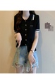 Real Shot Wholesale Price 2025 Spring New Design Niche Contrast Color Black POLO Collar Splicing Short-Sleeved Knitted Top