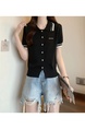 Real Shot Wholesale Price 2025 Spring New Design Niche Contrast Color Black POLO Collar Splicing Short-Sleeved Knitted Top