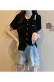 Real Shot Wholesale Price 2025 Spring New Design Niche Contrast Color Black POLO Collar Splicing Short-Sleeved Knitted Top
