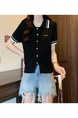 Real Shot Wholesale Price 2025 Spring New Design Niche Contrast Color Black POLO Collar Splicing Short-Sleeved Knitted Top