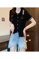 Real Shot Wholesale Price 2025 Spring New Design Niche Contrast Color Black POLO Collar Splicing Short-Sleeved Knitted Top