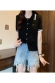 Real Shot Wholesale Price 2025 Spring New Design Niche Contrast Color Black POLO Collar Splicing Short-Sleeved Knitted Top