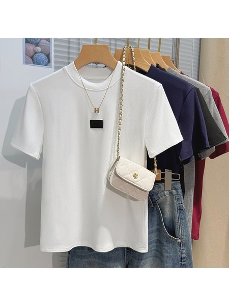 Real Shot High-Grade Small Stand-up Collar Short-Sleeved T-shirt Women's Summer Slim Fit Inner Wear Half Sleeve Korean Simple Easy Matching Clothes in White