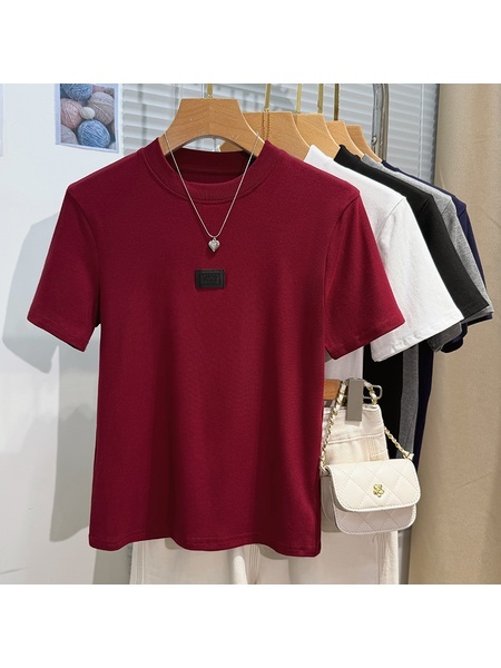 Real Shot High-Grade Small Stand-up Collar Short-Sleeved T-shirt Women's Summer Slim Fit Inner Wear Half Sleeve Korean Simple Easy Matching Clothes in Burgundy