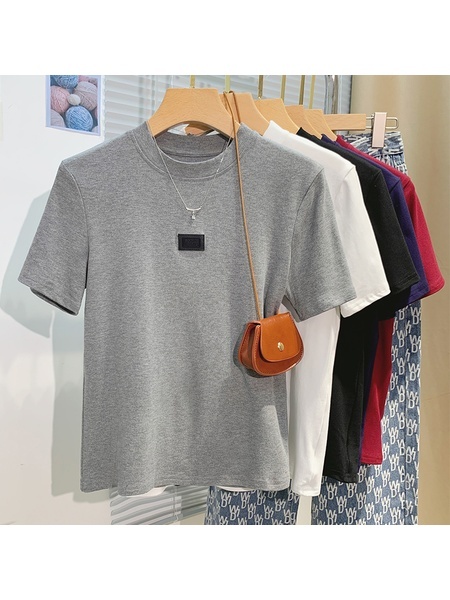 Real Shot High-Grade Small Stand-up Collar Short-Sleeved T-shirt Women's Summer Slim Fit Inner Wear Half Sleeve Korean Simple Easy Matching Clothes in Gray