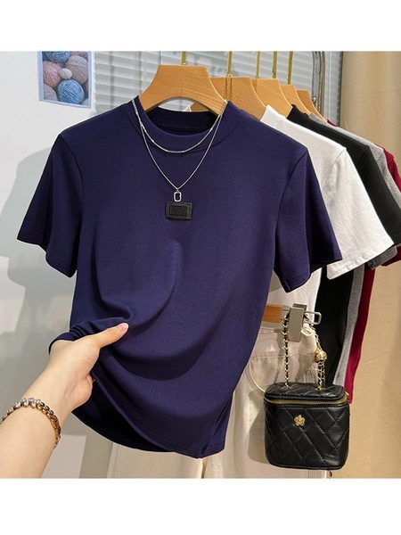 Real Shot High-Grade Small Stand-up Collar Short-Sleeved T-shirt Women's Summer Slim Fit Inner Wear Half Sleeve Korean Simple Easy Matching Clothes in Navy Blue