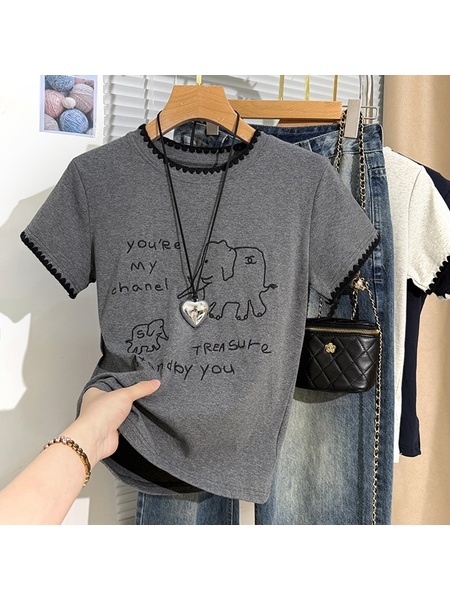 Real Shot Heavy Industry Manual Crocheted Short-Sleeved T-shirt Women's Summer Simple Pen Elephant Embroidered T-shirt Western Style Shoulder Clothes in Gray