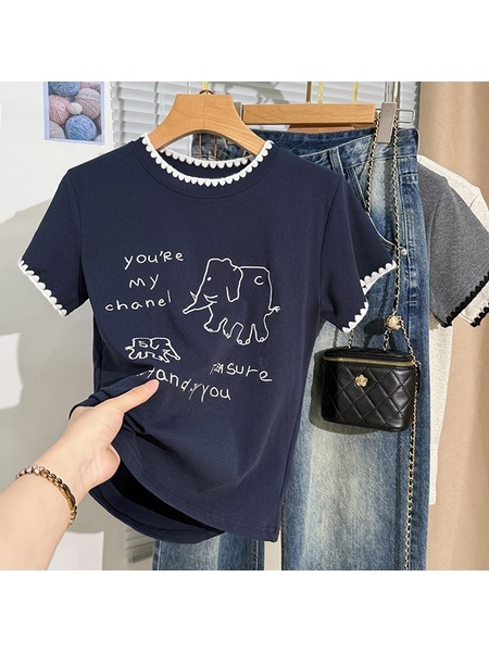 Real Shot Heavy Industry Manual Crocheted Short-Sleeved T-shirt Women's Summer Simple Pen Elephant Embroidered T-shirt Western Style Shoulder Clothes in Navy Blue