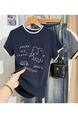 Real Shot Heavy Industry Manual Crocheted Short-Sleeved T-shirt Women's Summer Simple Pen Elephant Embroidered T-shirt Western Style Shoulder Clothes in Navy Blue