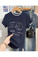 Real Shot Heavy Industry Manual Crocheted Short-Sleeved T-shirt Women's Summer Simple Pen Elephant Embroidered T-shirt Western Style Shoulder Clothes in Navy Blue