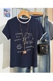 Real Shot Heavy Industry Manual Crocheted Short-Sleeved T-shirt Women's Summer Simple Pen Elephant Embroidered T-shirt Western Style Shoulder Clothes in Navy Blue