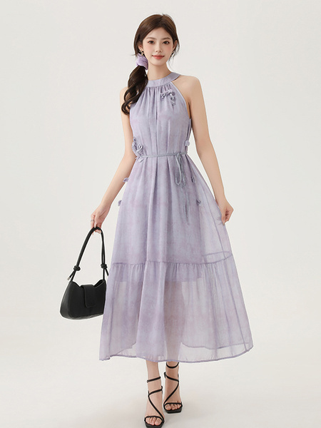 Lavender Real Shot Spot 2025 Summer New Handmade Flower Halter Dress Seaside Holiday Style Purple Long Skirt