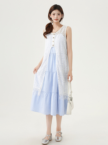 White and Blue Real Shot of the New 2025 Summer Bohemian Style Blouse with Blue Striped Suspender Dress