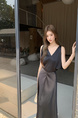 Black Real Shot 2025 Spring/Summer New Design Sense V-neck Draping Satin Dress Women's Waist-Tight Slimming Lace-up Dress