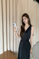 Black Real Shot 2025 Spring/Summer New Design Sense V-neck Draping Satin Dress Women's Waist-Tight Slimming Lace-up Dress
