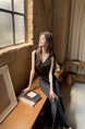 Black Real Shot 2025 Spring/Summer New Design Sense V-neck Draping Satin Dress Women's Waist-Tight Slimming Lace-up Dress