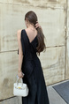 Black Real Shot 2025 Spring/Summer New Design Sense V-neck Draping Satin Dress Women's Waist-Tight Slimming Lace-up Dress