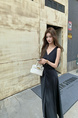 Black Real Shot 2025 Spring/Summer New Design Sense V-neck Draping Satin Dress Women's Waist-Tight Slimming Lace-up Dress
