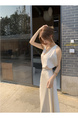 Ivory Real Shot 2025 Spring/Summer New Design Sense V-neck Draping Satin Dress Women's Waist-Tight Slimming Lace-up Dress
