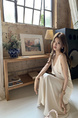 Ivory Real Shot 2025 Spring/Summer New Design Sense V-neck Draping Satin Dress Women's Waist-Tight Slimming Lace-up Dress
