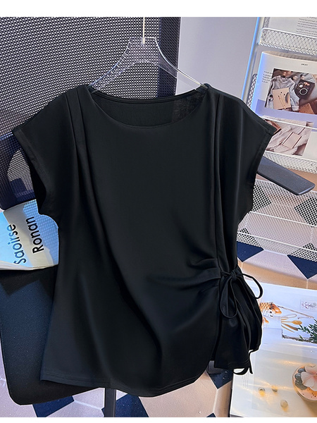 Black Real Shot Lace-up Shoulder Short-Sleeved T-shirt Women's Summer 2025 Design Sense Waist Trimming Lace-up Split Chic Top Ins