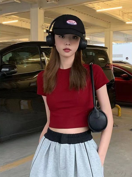 Burgundy Popular Hot Girl Cotton Short-Sleeved T-shirt Women's Summer 2025 Korean Style New Solid Color Round Neck Slim Fit All-Match Pure Desire Top