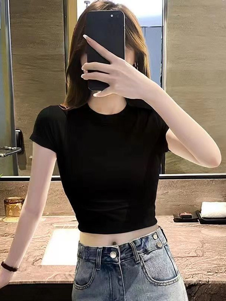 Black Popular Hot Girl Cotton Short-Sleeved T-shirt Women's Summer 2025 Korean Style New Solid Color Round Neck Slim Fit All-Match Pure Desire Top
