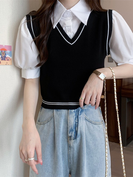 Black Real Shot Wholesale Price 2025 New Niche College Style POLO Collar Vest Fake Two-Piece Short-Sleeved Tops for Women