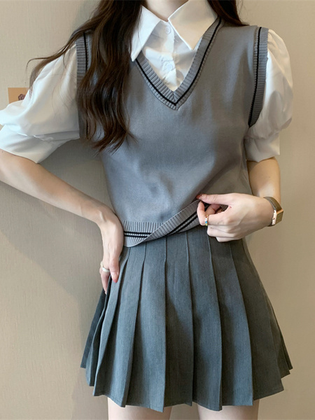 Gray Real Shot Wholesale Price 2025 New Niche College Style POLO Collar Vest Fake Two-Piece Short-Sleeved Tops for Women