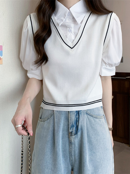 White Real Shot Wholesale Price 2025 New Niche College Style POLO Collar Vest Fake Two-Piece Short-Sleeved Tops for Women