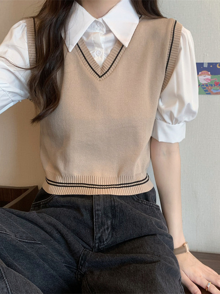 Beige Real Shot Wholesale Price 2025 New Niche College Style POLO Collar Vest Fake Two-Piece Short-Sleeved Tops for Women