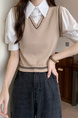 Beige Real Shot Wholesale Price 2025 New Niche College Style POLO Collar Vest Fake Two-Piece Short-Sleeved Tops for Women