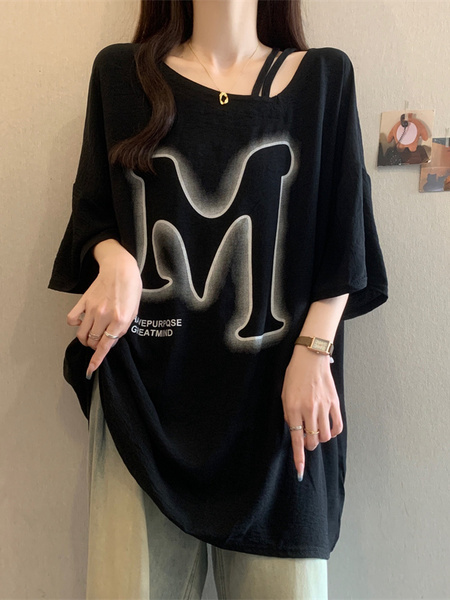 Black Real Shot of the New 2025 Summer Style Careful Off-Shoulder Slimming Versatile T-Shirt for Women Large Size Loose Casual Short-Sleeved Top