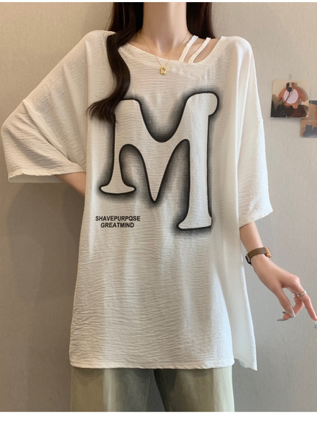 White Real Shot of the New 2025 Summer Style Careful Off-Shoulder Slimming Versatile T-Shirt for Women Large Size Loose Casual Short-Sleeved Top