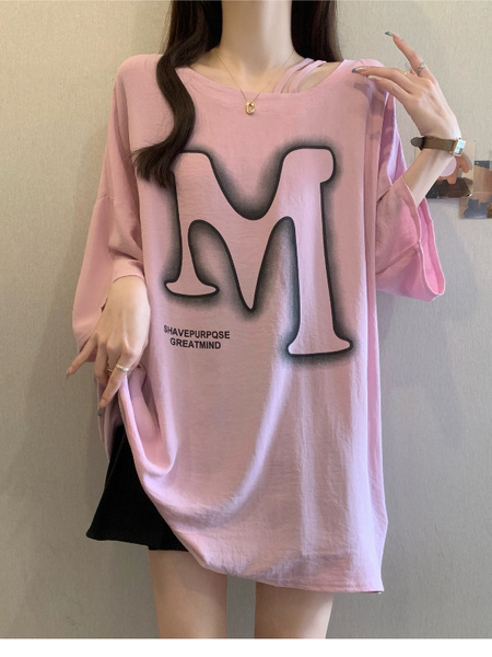 Pink Real Shot of the New 2025 Summer Style Careful Off-Shoulder Slimming Versatile T-Shirt for Women Large Size Loose Casual Short-Sleeved Top