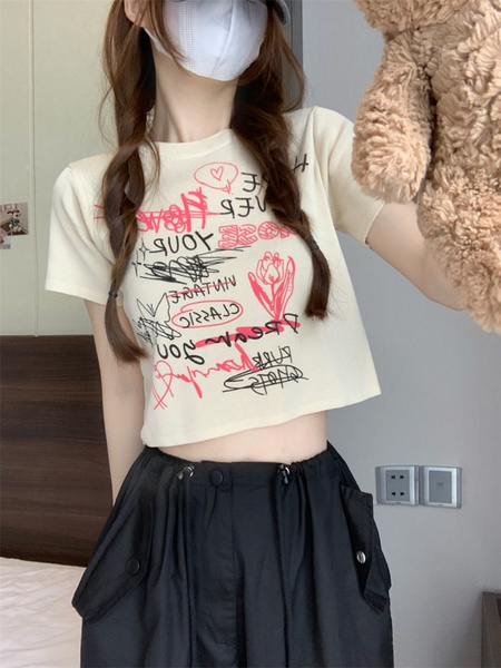 Cream Real Shot Wholesale Price Retro American BF Style Street Graffiti Design Sense Slim Fit Versatile Round Neck Short-Sleeved Tops for Women