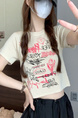 Cream Real Shot Wholesale Price Retro American BF Style Street Graffiti Design Sense Slim Fit Versatile Round Neck Short-Sleeved Tops for Women