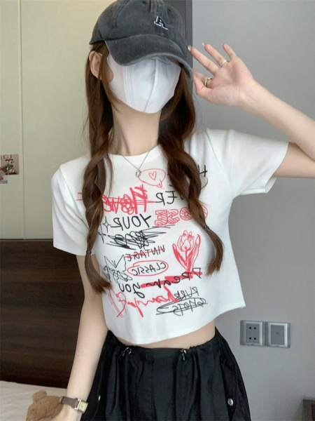 White Real Shot Wholesale Price Retro American BF Style Street Graffiti Design Sense Slim Fit Versatile Round Neck Short-Sleeved Tops for Women