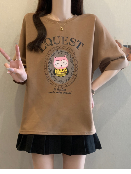 Brown Real Shot of the New 2025 Summer Korean Style Personalized Versatile Printing Age-Reducing Loose Casual Short-Sleeved T-Shirt for Women with Large Size Trend