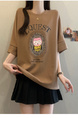 Brown Real Shot of the New 2025 Summer Korean Style Personalized Versatile Printing Age-Reducing Loose Casual Short-Sleeved T-Shirt for Women with Large Size Trend