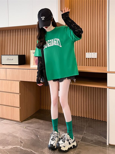 Real shot of 2025 back-collar modal 92% viscose fiber + 8% spandex short-sleeved T-shirt for women in vibrant green