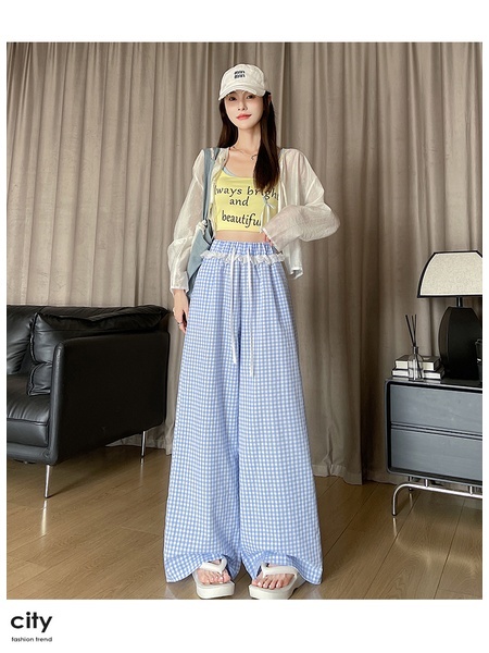 Real Shot Lace Lattice Loose Pants Women's Summer 2025 New High Waist Loose and Slimming Casual Trousers in Light Blue