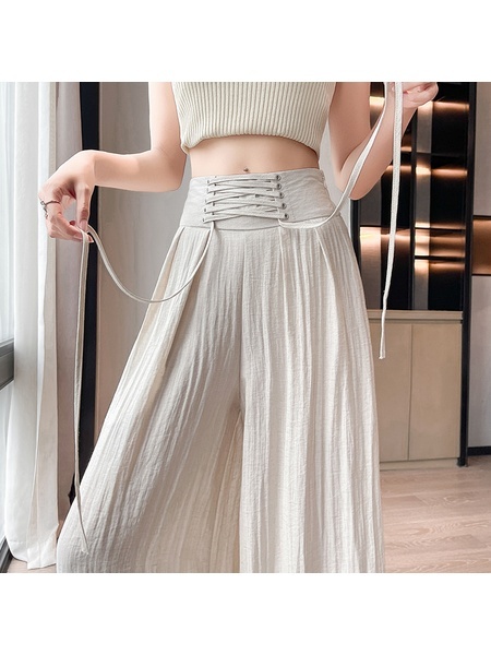 White Real Shot Ice Silk Linen Wide-Leg Pants Women's 2025 Summer New High Waist Cotton and Linen Lace-up Belly Contracting Large Swing Yamamoto Culottes.