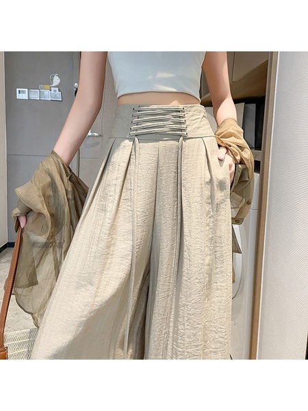 Beige Real Shot Ice Silk Linen Wide-Leg Pants Women's 2025 Summer New High Waist Cotton and Linen Lace-up Belly Contracting Large Swing Yamamoto Culottes.