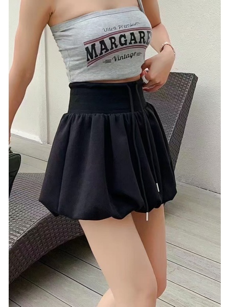 Korean Casual Flower Bud Skirt for Women 2025 Summer High Waist Drawstring Sports Sweater Skirt Hot Girl A-Line Puffy Short Skirt - Black