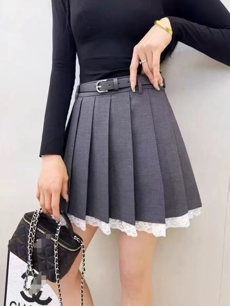 Gray Pleated Skirt for Women Lace Stitching Temperament Summer New Style All-Match High Waist A-Line Suit Short Skirt Half-Length Skirt - Gray